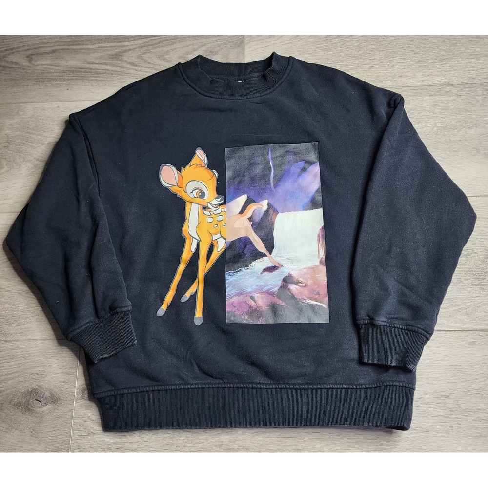 Disney ChinStudio Bambi Graphic Neoprene Black Pullover Crew Neck Sweater Small